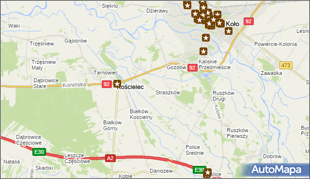 mapa Straszków gmina Kościelec, Straszków gmina Kościelec na mapie Targeo