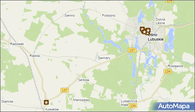 mapa Świniary gmina Ośno Lubuskie, Świniary gmina Ośno Lubuskie na mapie Targeo