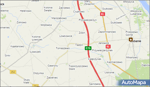 mapa Tadzin gmina Lubanie, Tadzin gmina Lubanie na mapie Targeo