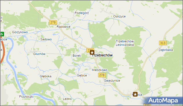 mapa Trzebiechów powiat zielonogórski, Trzebiechów powiat zielonogórski na mapie Targeo