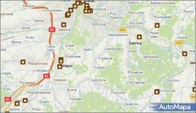 mapa Trzebinia gmina Świnna, Trzebinia gmina Świnna na mapie Targeo