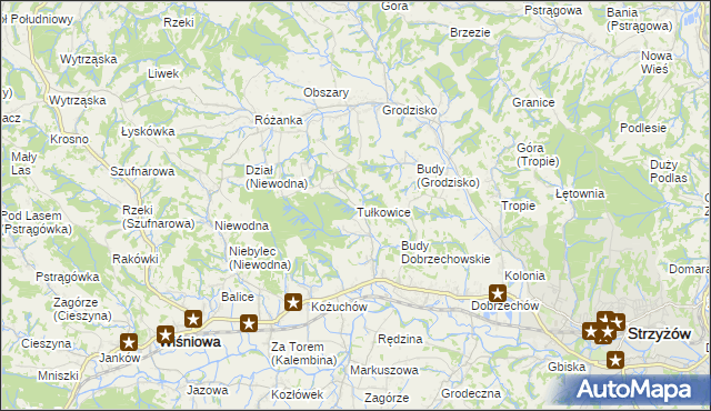 mapa Tułkowice gmina Wiśniowa, Tułkowice gmina Wiśniowa na mapie Targeo