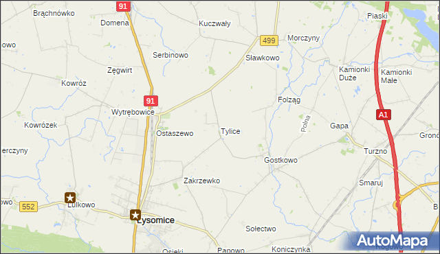 mapa Tylice gmina Łysomice, Tylice gmina Łysomice na mapie Targeo