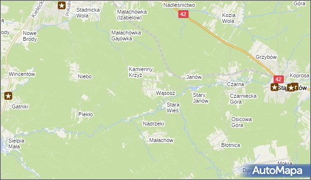 mapa Wąsosz gmina Końskie, Wąsosz gmina Końskie na mapie Targeo