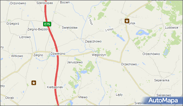 mapa Węgorzyn gmina Ryńsk, Węgorzyn gmina Ryńsk na mapie Targeo