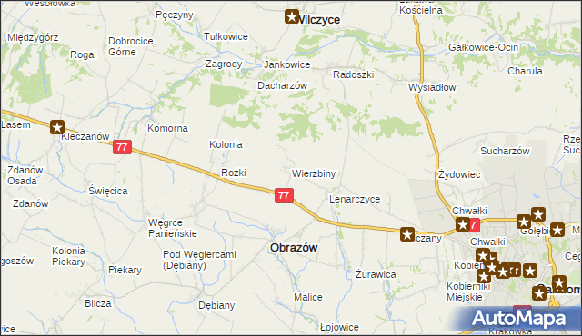 mapa Wierzbiny gmina Obrazów, Wierzbiny gmina Obrazów na mapie Targeo