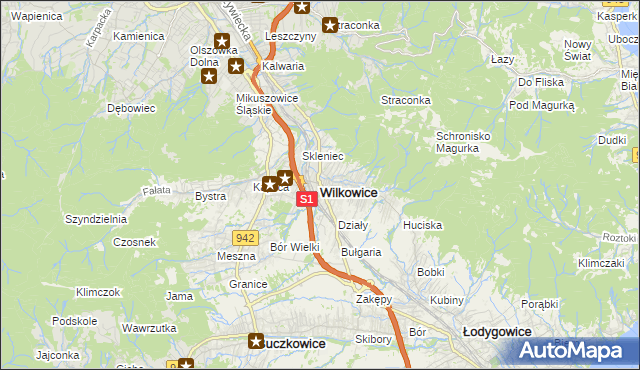 mapa Wilkowice powiat bielski, Wilkowice powiat bielski na mapie Targeo