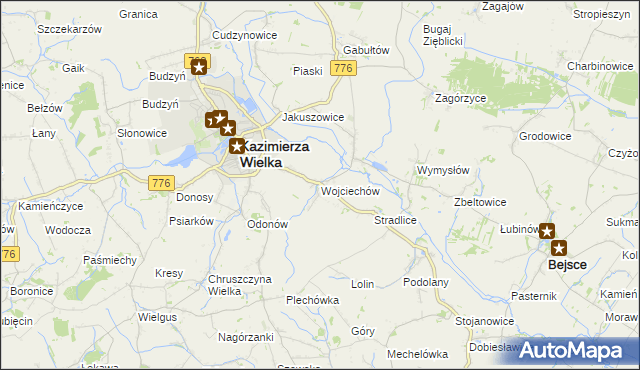 mapa Wojciechów gmina Kazimierza Wielka, Wojciechów gmina Kazimierza Wielka na mapie Targeo