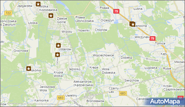 mapa Wojciechowice gmina Góra Kalwaria, Wojciechowice gmina Góra Kalwaria na mapie Targeo