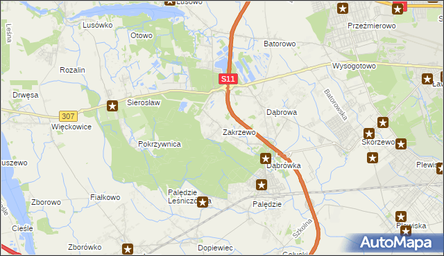 mapa Zakrzewo gmina Dopiewo, Zakrzewo gmina Dopiewo na mapie Targeo