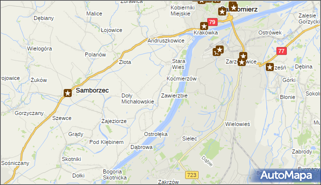 mapa Zawierzbie gmina Samborzec, Zawierzbie gmina Samborzec na mapie Targeo