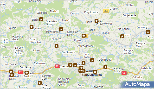 mapa Zebrzydowice gmina Kalwaria Zebrzydowska, Zebrzydowice gmina Kalwaria Zebrzydowska na mapie Targeo