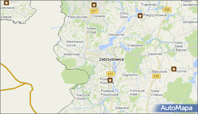 mapa Zebrzydowice powiat cieszyński, Zebrzydowice powiat cieszyński na mapie Targeo