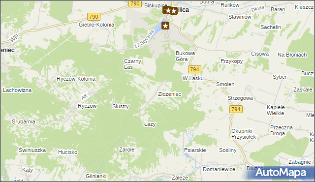 mapa Złożeniec, Złożeniec na mapie Targeo