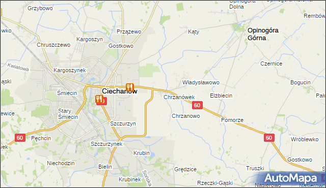 mapa Chrzanówek gmina Opinogóra Górna, Chrzanówek gmina Opinogóra Górna na mapie Targeo