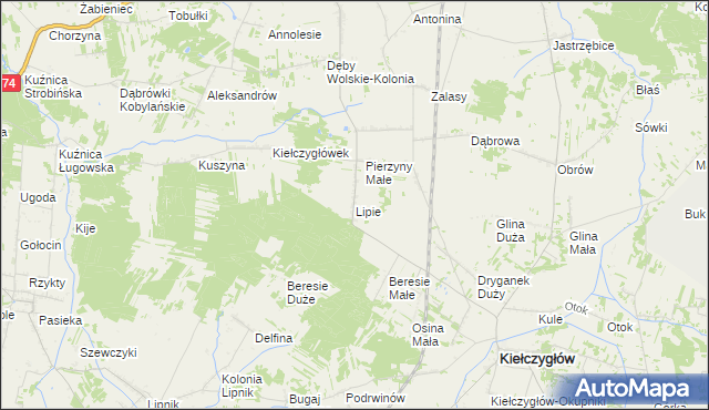 mapa Lipie gmina Kiełczygłów, Lipie gmina Kiełczygłów na mapie Targeo