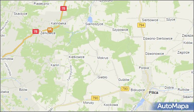 mapa Mokrus gmina Ogrodzieniec, Mokrus gmina Ogrodzieniec na mapie Targeo