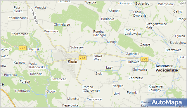 mapa Nowa Wieś gmina Skała, Nowa Wieś gmina Skała na mapie Targeo