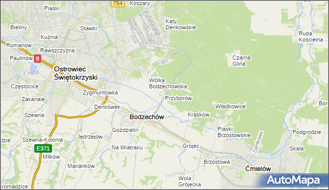 mapa Przyborów gmina Bodzechów, Przyborów gmina Bodzechów na mapie Targeo
