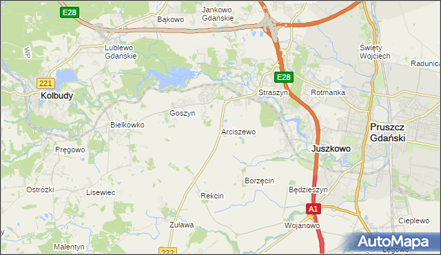 mapa Arciszewo gmina Pruszcz Gdański, Arciszewo gmina Pruszcz Gdański na mapie Targeo