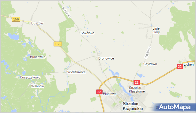 mapa Bronowice gmina Strzelce Krajeńskie, Bronowice gmina Strzelce Krajeńskie na mapie Targeo