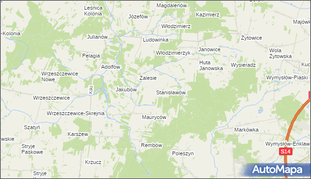 mapa Stanisławów gmina Wodzierady, Stanisławów gmina Wodzierady na mapie Targeo