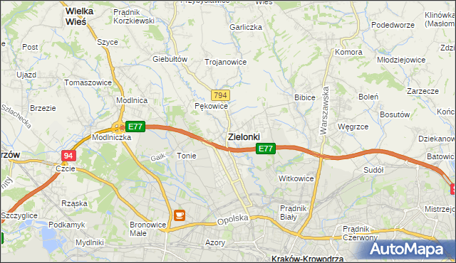 mapa Zielonki powiat krakowski, Zielonki powiat krakowski na mapie Targeo
