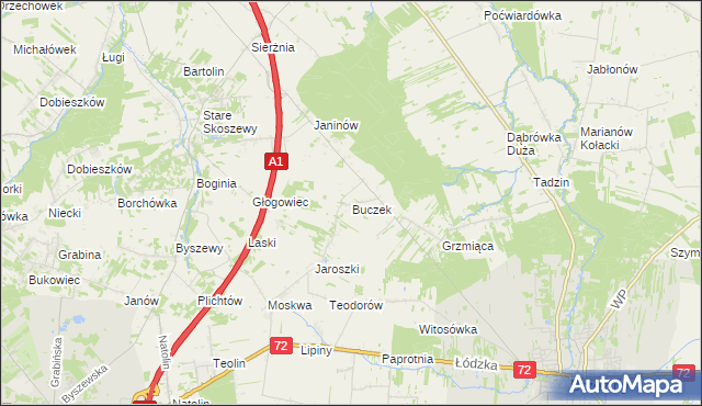 mapa Buczek gmina Brzeziny, Buczek gmina Brzeziny na mapie Targeo