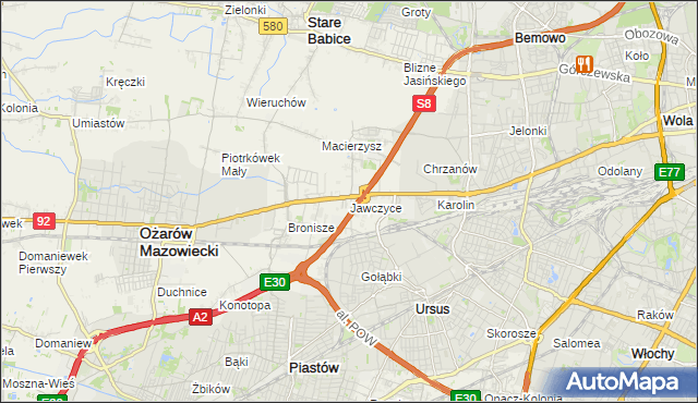 mapa Jawczyce gmina Ożarów Mazowiecki, Jawczyce gmina Ożarów Mazowiecki na mapie Targeo