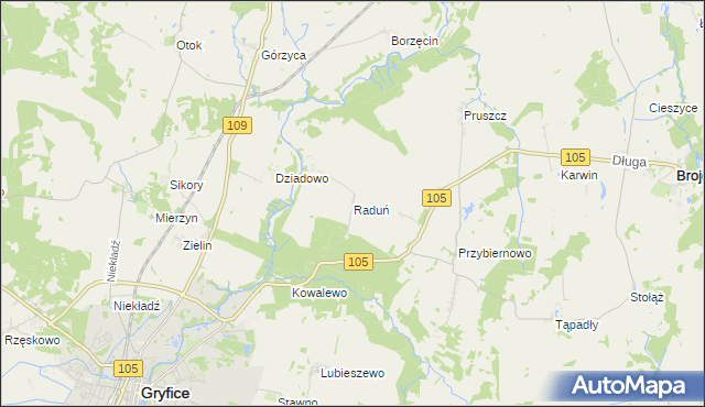 mapa Raduń gmina Gryfice, Raduń gmina Gryfice na mapie Targeo