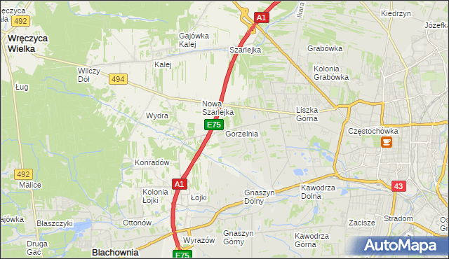 mapa Gorzelnia gmina Blachownia, Gorzelnia gmina Blachownia na mapie Targeo