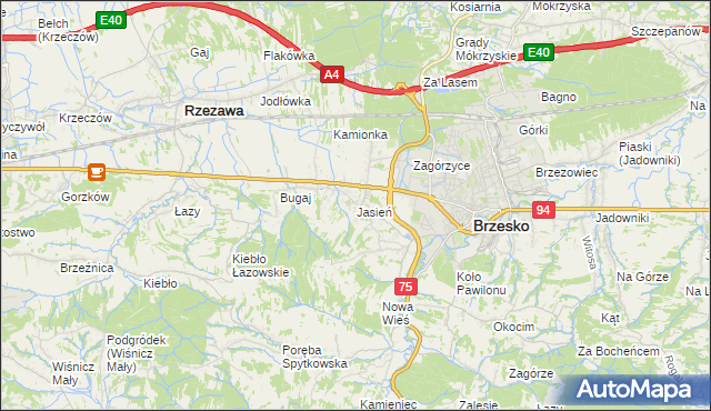 mapa Jasień gmina Brzesko, Jasień gmina Brzesko na mapie Targeo