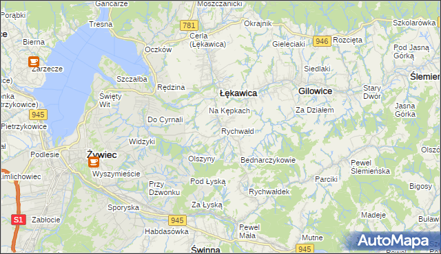mapa Rychwałd gmina Gilowice, Rychwałd gmina Gilowice na mapie Targeo