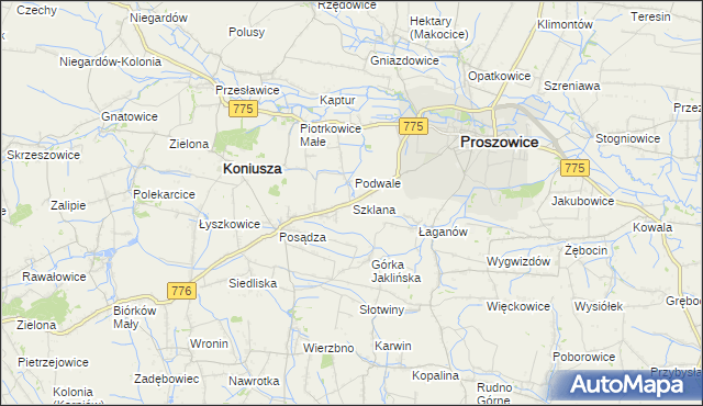 mapa Szklana gmina Proszowice, Szklana gmina Proszowice na mapie Targeo