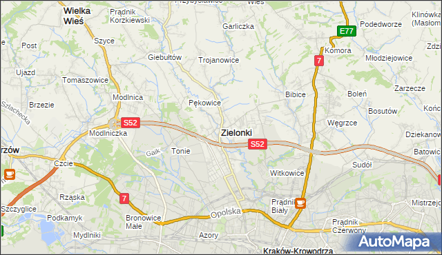 mapa Zielonki powiat krakowski, Zielonki powiat krakowski na mapie Targeo