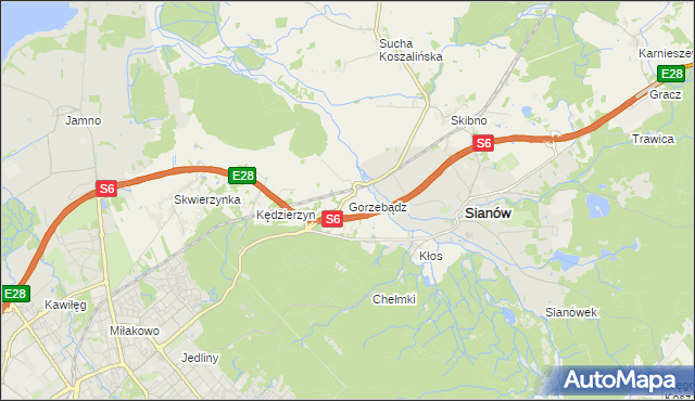 mapa Gorzebądz gmina Sianów, Gorzebądz gmina Sianów na mapie Targeo