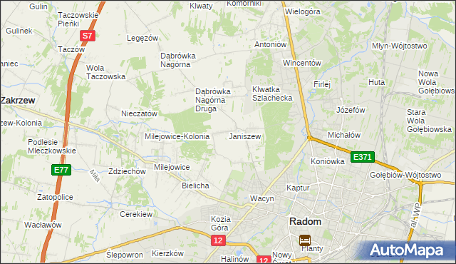 mapa Janiszew gmina Zakrzew, Janiszew gmina Zakrzew na mapie Targeo