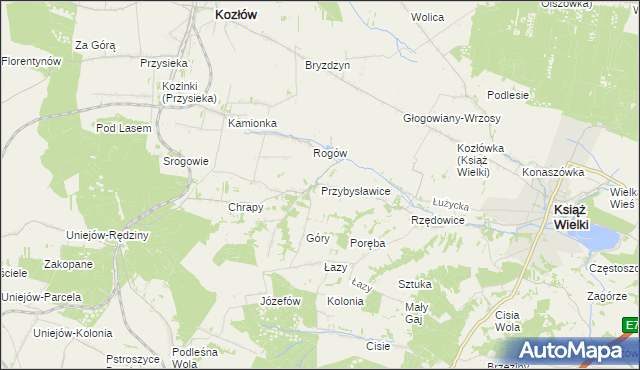 mapa Przybysławice gmina Kozłów, Przybysławice gmina Kozłów na mapie Targeo