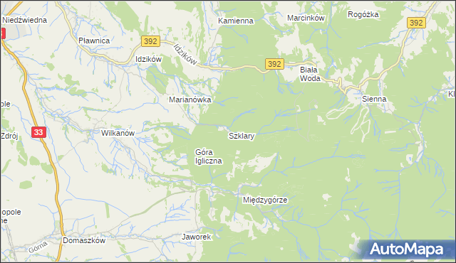 mapa Szklary gmina Bystrzyca Kłodzka, Szklary gmina Bystrzyca Kłodzka na mapie Targeo