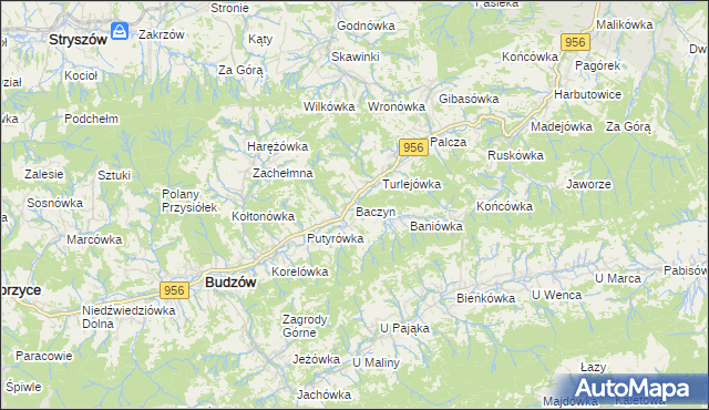 mapa Baczyn gmina Budzów, Baczyn gmina Budzów na mapie Targeo