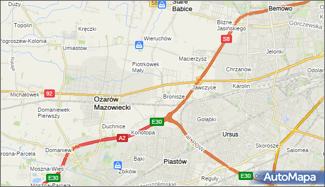 mapa Bronisze gmina Ożarów Mazowiecki, Bronisze gmina Ożarów Mazowiecki na mapie Targeo