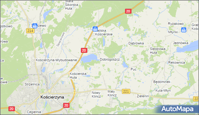 mapa Dobrogoszcz gmina Kościerzyna, Dobrogoszcz gmina Kościerzyna na mapie Targeo