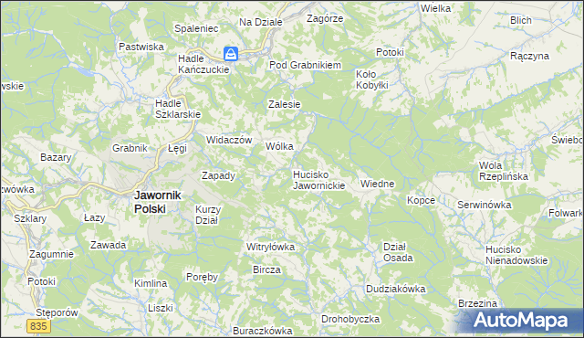 mapa Hucisko Jawornickie, Hucisko Jawornickie na mapie Targeo