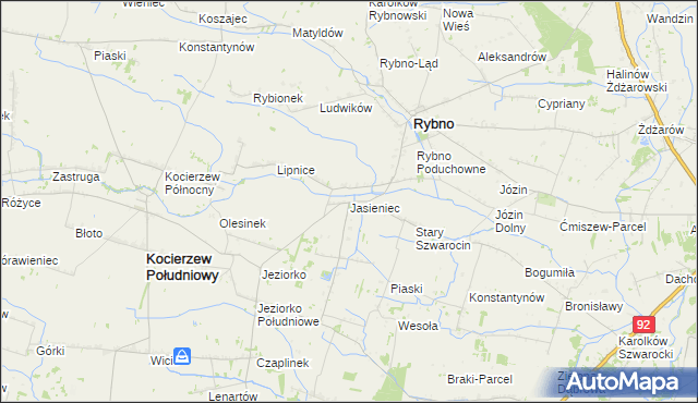 mapa Jasieniec gmina Rybno, Jasieniec gmina Rybno na mapie Targeo