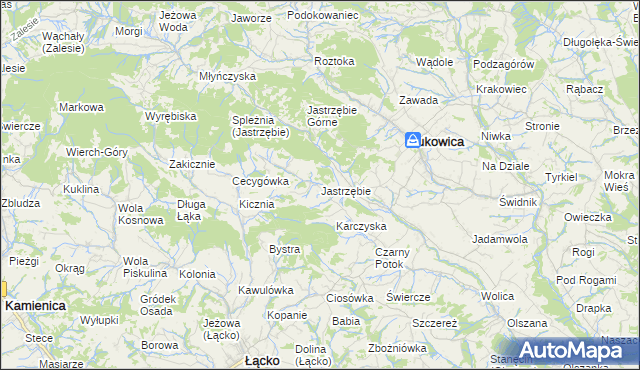 mapa Jastrzębie gmina Łukowica, Jastrzębie gmina Łukowica na mapie Targeo