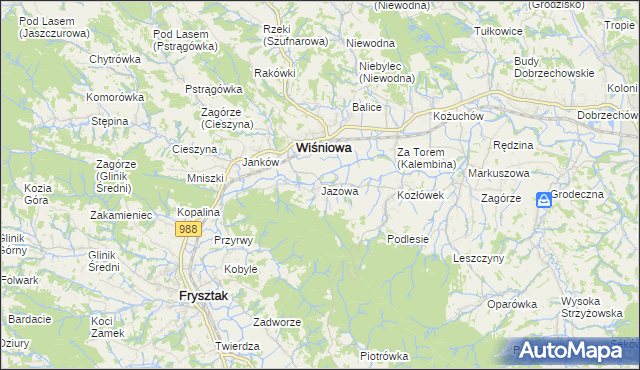 mapa Jazowa gmina Wiśniowa, Jazowa gmina Wiśniowa na mapie Targeo