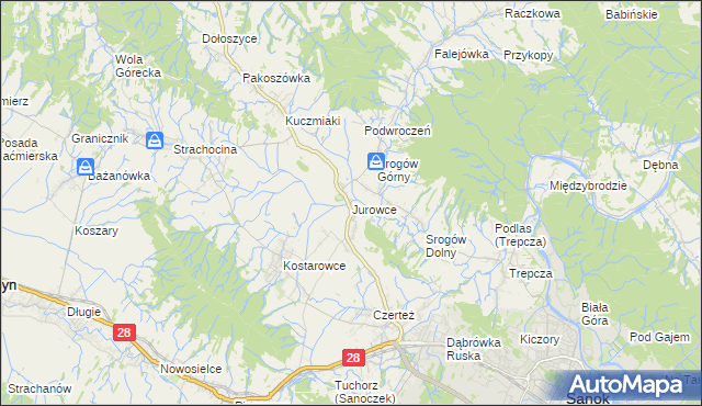 mapa Jurowce gmina Sanok, Jurowce gmina Sanok na mapie Targeo