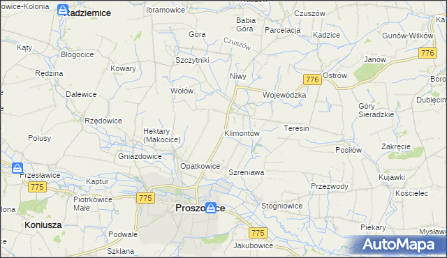 mapa Klimontów gmina Proszowice, Klimontów gmina Proszowice na mapie Targeo