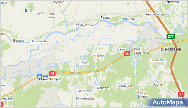 mapa Korzeń gmina Wyśmierzyce, Korzeń gmina Wyśmierzyce na mapie Targeo