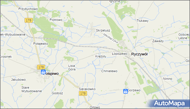 mapa Krężoły gmina Ryczywół, Krężoły gmina Ryczywół na mapie Targeo